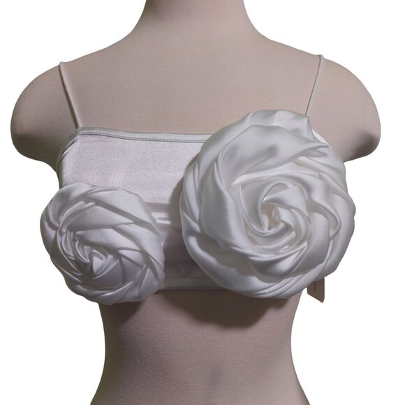 Commense Tops - NWT Commense Strapless White Satin Rosette Crop Top - Size Small
